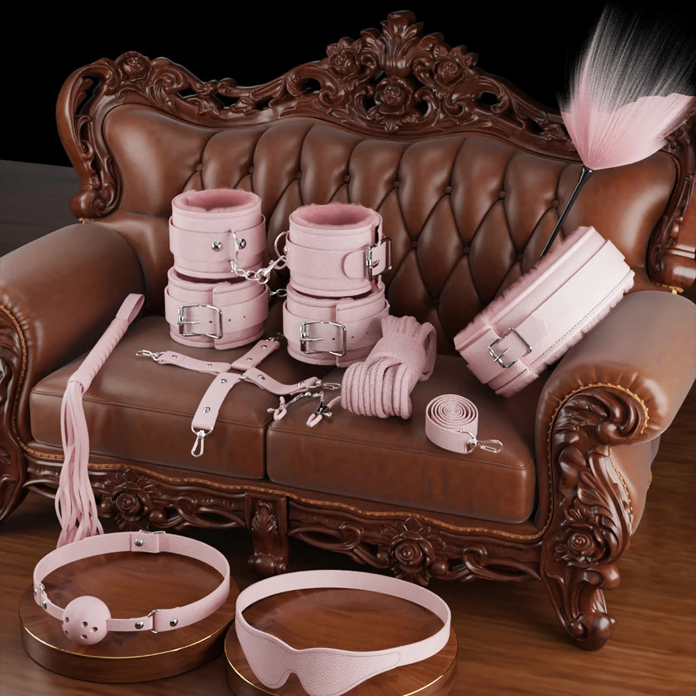 6-10Pcs/Set Sexual Bondage Handcuff Whip Adult Couple Sex Toys Tools Set Erotic Sex Toys for Woman Couples Leather BDSM Kits