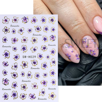 2/3pcs Golden Pink Hibiscus Flower Nail Stickers 3D Bronzing Border Petals Sakura Line Sliders Nail Decals DIY Manicure Decor