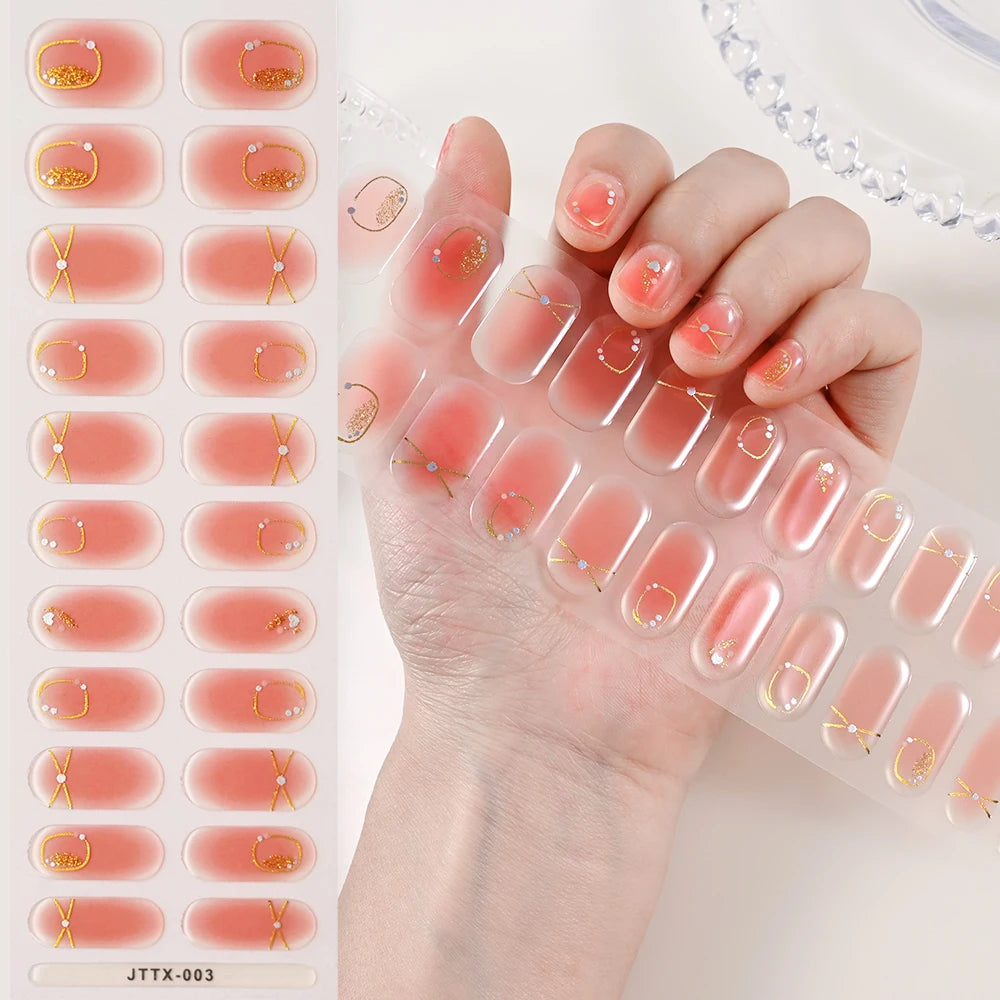 1Sheet Cured Gel Nail Strips Sticker Long-Lasting Nail Polish Strips Wraps Full Cover Gel Nail Art Stickers UV/LED Lamp Required