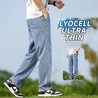 Men's Summer Soft Lyocell Fabric Jeans Thin Loose Straight Denim Pants Drawstring Elastic Waist Casual Trousers Plus Size M-5XL