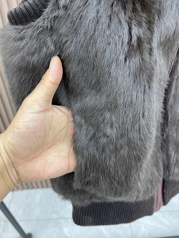 Women's Genuine Real Rabbit Fur Vest Coat Knitting Winter Fox Fur Collar Fur Jacket Casual Short Outwear Slim with Zipper