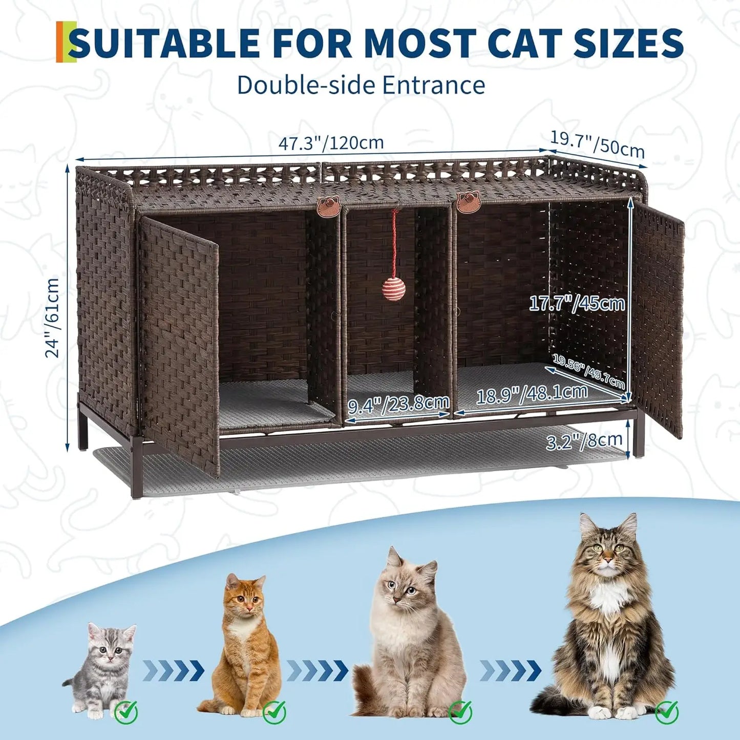Rattan Cat House Double Cat Litter Box Enclosure Furniture 2 Cats | Double Room Cat Cabinet, with Washable Litter Mat & 2 Hooks, Easy Assembly, 47.2"L x 19.7"W x 23.6"H Walnut
