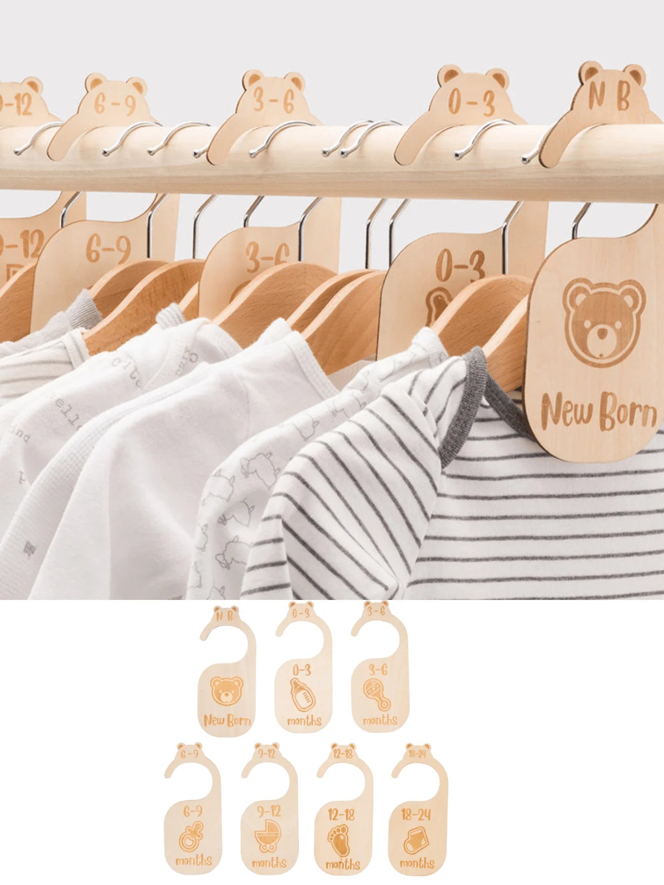 1 Set/7pcs Beautiful Wooden Baby Closet Dividers - Cute Bear Design For Newborn To 24 Months Size Clothes