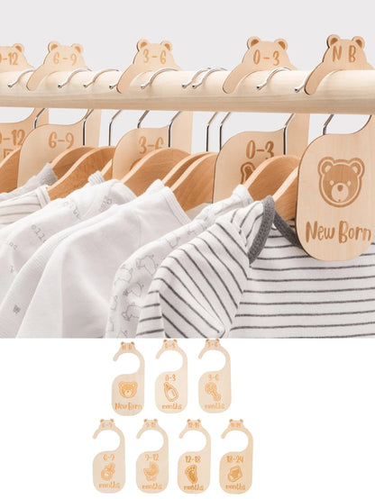 1 Set/7pcs Beautiful Wooden Baby Closet Dividers - Cute Bear Design For Newborn To 24 Months Size Clothes