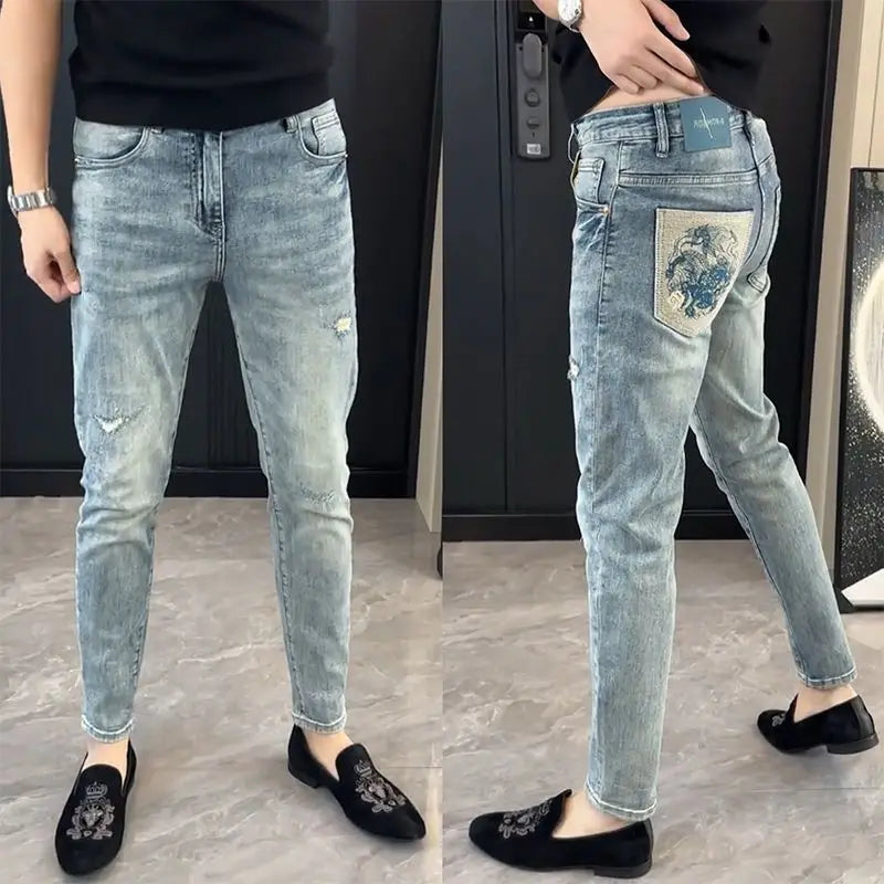Summer New Slim-fit Men's Jeans Thin Brand Embroidery 2025 Designer Korean Style Clothes Casual Pants Luxury Fashion Pants