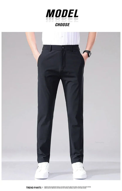 Ultra-thin Elastic Men's Casual Trousers Summer Quick-drying Ice Silk Slim Straight Business Solid Color Y2K Trousers Black Gray