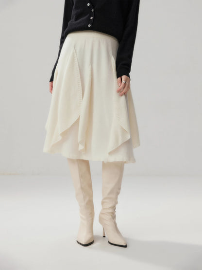 French 100% Pure Cashmere Skirt Ruffle Irregular A-line Soild Midi Sirt Autumn Winter Women Elegant Pleated  Knit Dress Fashion