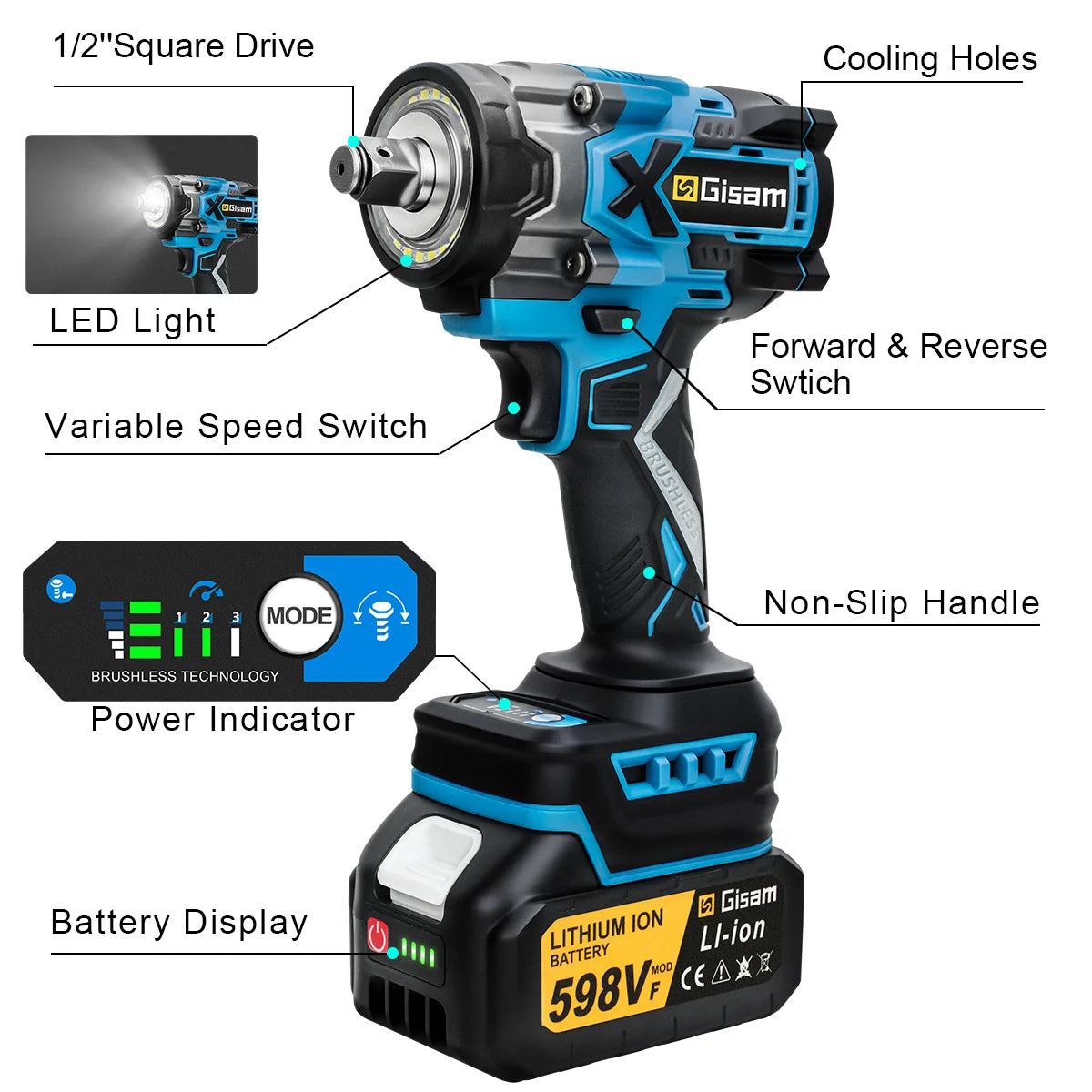 Gisam 900N.M Brushless Electric Impact Wrench 1/2" Cordless High Torque Wrench Drill Screwdrivers Tools For Makita Battery Pin