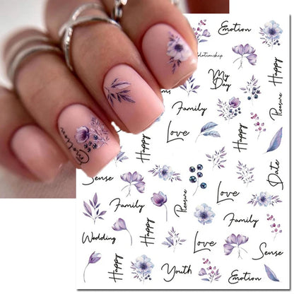 3d Nail Art Decals Watercolor Florals Purple Green Pink Flowers Leafs Fruit Adhesive Sliders Nail Stickers For Manicure