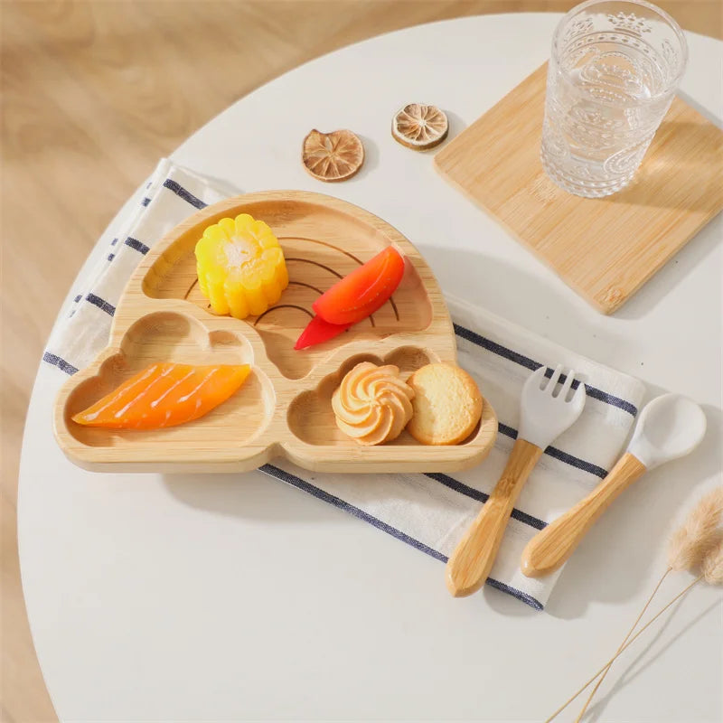 Baby Wooden Tableware Set Wooden Handle Fork Spoon Could Bamboo Wooden Plate Bowl Silicone Suction for Children Feeding Supplies