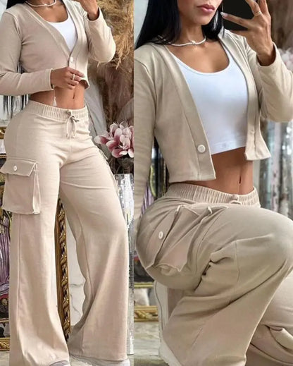 Autumn Fashionable And Elegant Solid Color Women's Suit Long-sleeved V-neck Short Coat Pocket Wide-leg Drawstring Trousers Suit