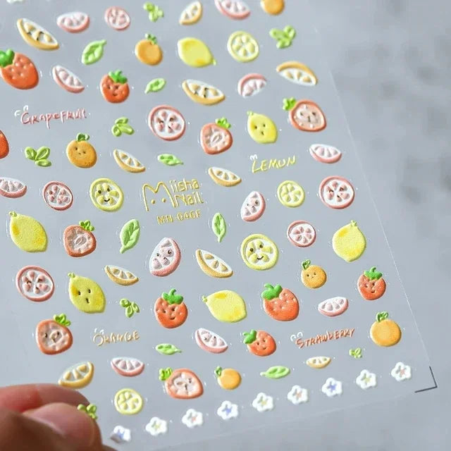 Fresh Sweet Fruits Strawberry Cherry Bowknot Love Heart Lemon 5D Nail Art Stickers Self Adhesive Decorations Nail Manicure Decal