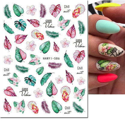 3d Nail Art Decals Watercolor Florals Purple Green Pink Flowers Leafs Fruit Adhesive Sliders Nail Stickers For Manicure