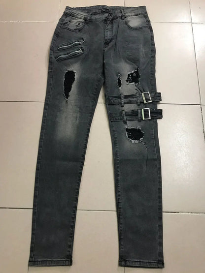 Retro Moto Biker Straight Elastic Jeans Men Zipper Hole Streetwear Punk Skinny Denim Cargo Pants Pantalones Hombre  Y2K Clothing