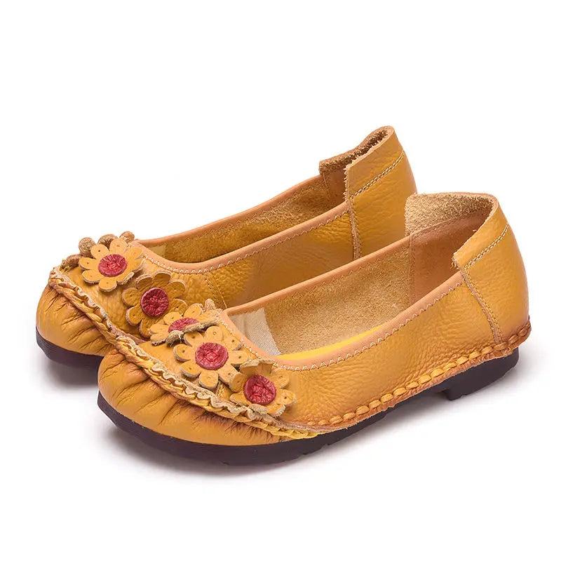Vintage Flower Moccasins Woman Genuine Leather Ballet Flats Ladies Hollow Slip Ons Women's Luxury Loafer Purple Walking Shoes 42
