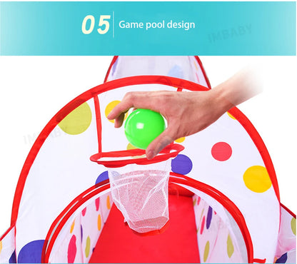 Senior 3-in-1 Foldable Baby Playground Children's Game Tent Baby Ball Fence with Crawling Tunnel Basketball Frame Children Gifts