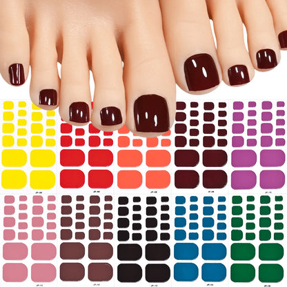1Sheet=22Tips Glossy Red Toe Nail Stickers Full Cover Solid Color Press On Toenails Patch UV Baking Free Foot Gel Polish Wraps #