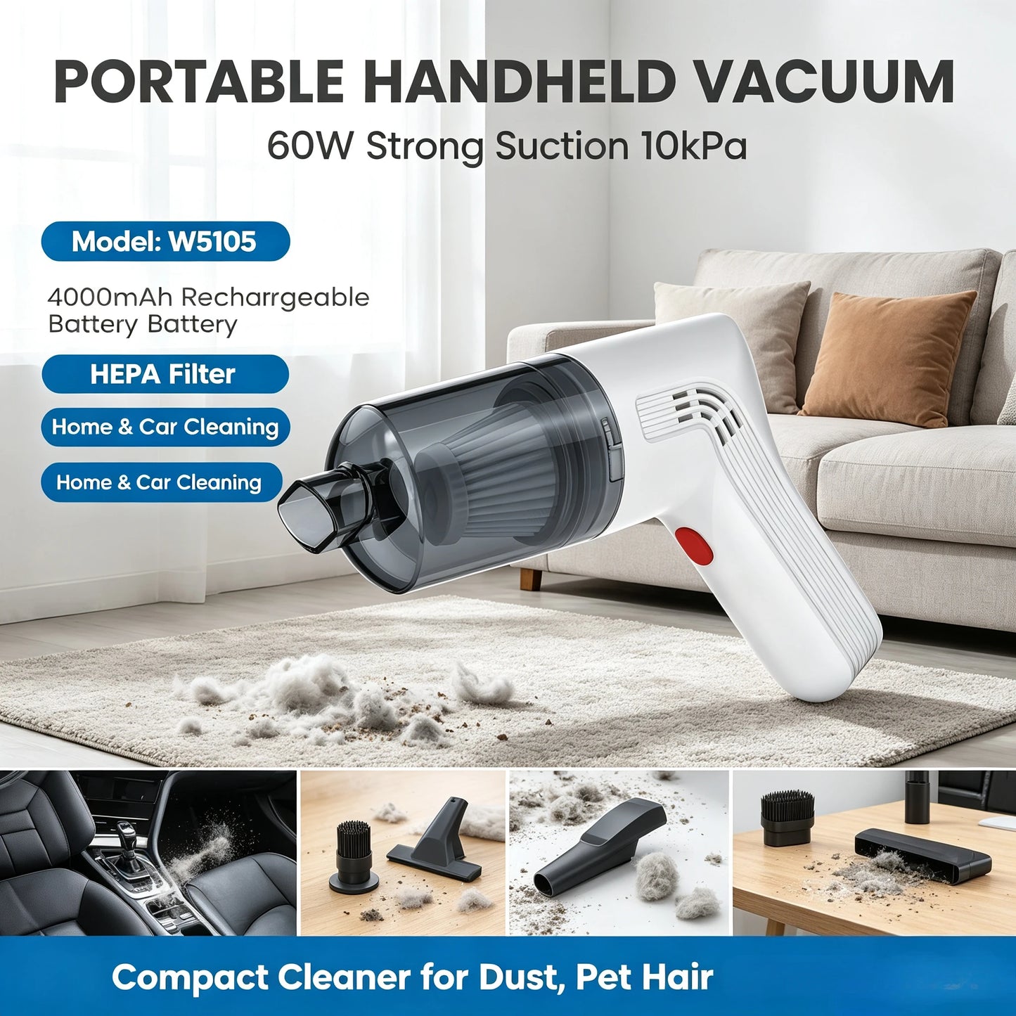 Wireless Handheld Mini Car Vacuum Cleaner USB Charging Battery Wet & Dry Dual Use Portable Cleaner For Car Household