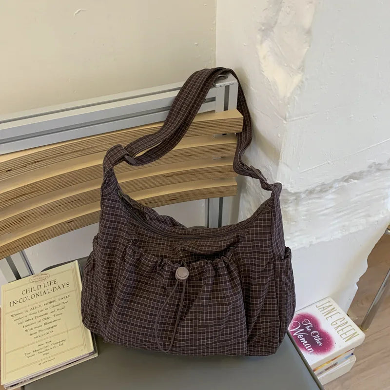 Korean Nylon Shoulder Bag Fashion Simple Plaid Zipper Tote Bag Drawstring Pleated Cloud Bag New Commuter Crossbody Shoulder Bag