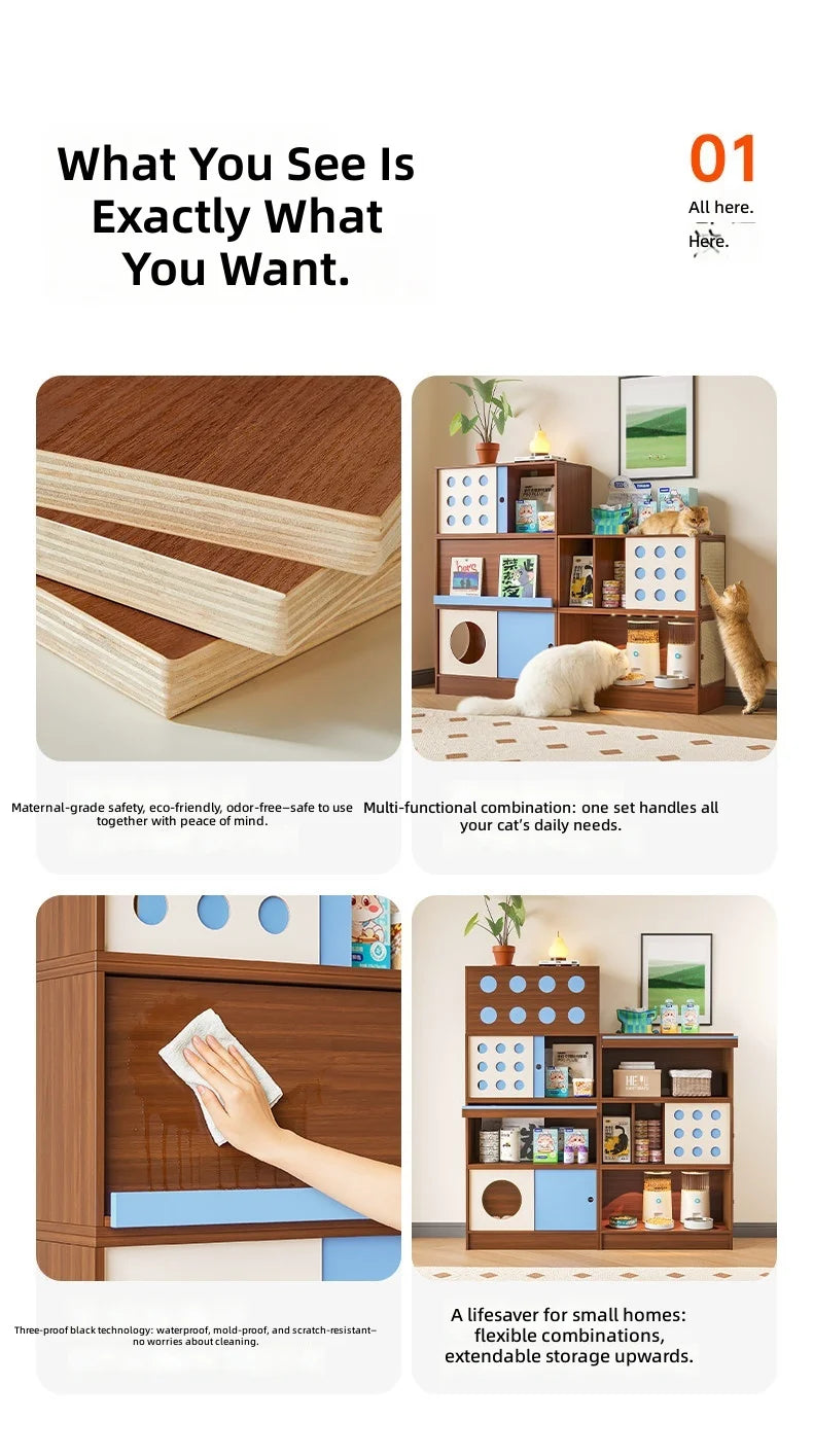 Triple-Function Cat House with Litter Box & Storage,Human-Pet Shared Furniture,Cat Tree Hut, Indoor Cat Den,Multi-Level Cat Fort