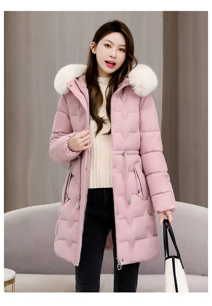 Hooded Women Parkas Coats Mid LenthJackets  Oversize Solid Fur Collar Zipper Drawstring Waist Loose Casual 2025 Autumn Winter