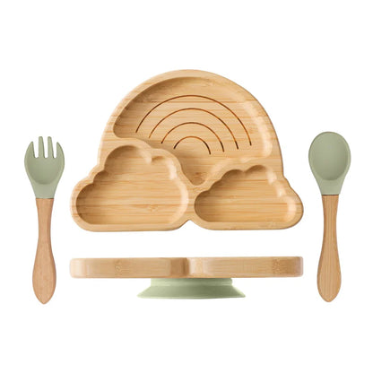 Baby Wooden Tableware Set Wooden Handle Fork Spoon Could Bamboo Wooden Plate Bowl Silicone Suction for Children Feeding Supplies