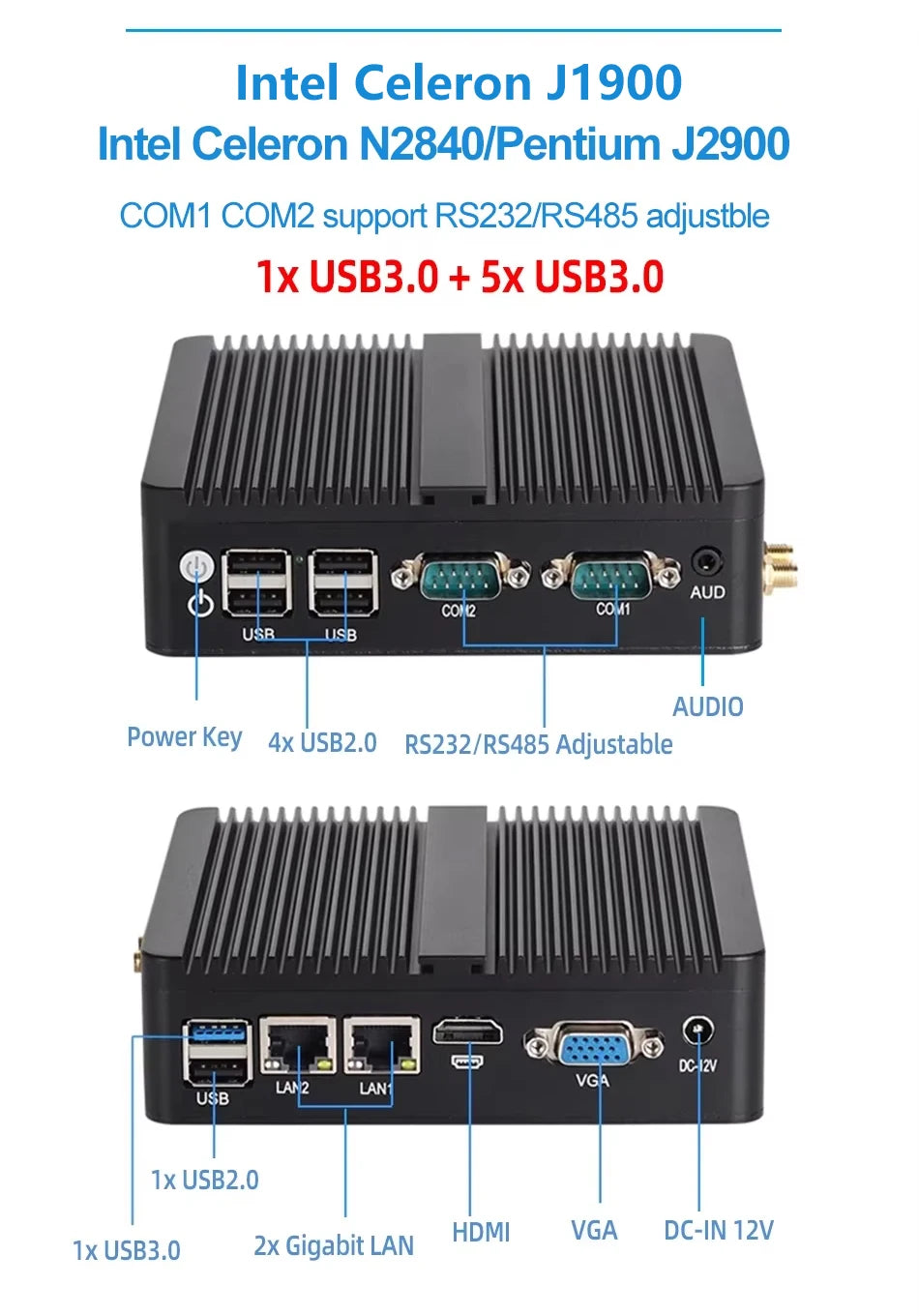 XCY Fanless Mini PC Intel Celeron J6412 N5095 2x GbE LAN 2x RS232 HDMI VGA WiFi 4G LTE Windows 10 Linux Industrial Computer