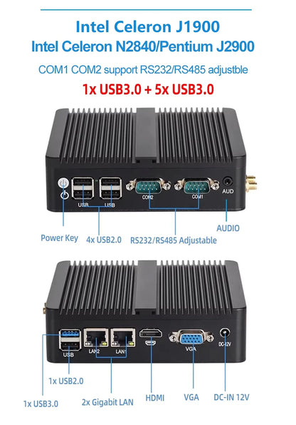 XCY Fanless Mini PC Intel Celeron J6412 N5095 2x GbE LAN 2x RS232 HDMI VGA WiFi 4G LTE Windows 10 Linux Industrial Computer