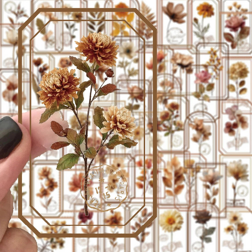 10/30/50pcs Transparent Retro Flower Plant Stamp Stickers Cartoon Creative Decals Suitcase Phone Guitar Sticker Decoration Gift