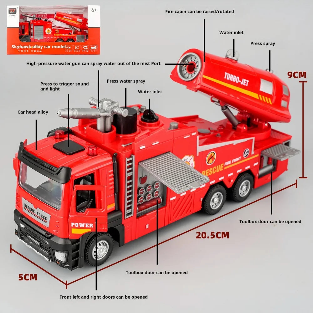 New Alloy Fire Truck Toy Large Size for Boys Water Spray & Smoke Exhaust Function Kids Ladder Rescue Vehicle Model Pull Back