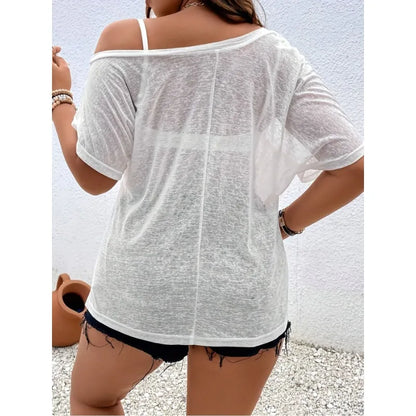 Plus Size Women's 1XL-5XL Fashionable Casual Sloping Shoulder Semi Transparent Short Sleeved T-shirt (Excluding Underwear)