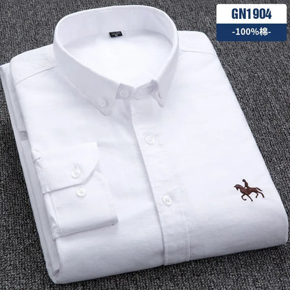 Casual cotton men's shirt slim fit horse logo bottom inch shirt Oxford spinning long sleeved striped shirt