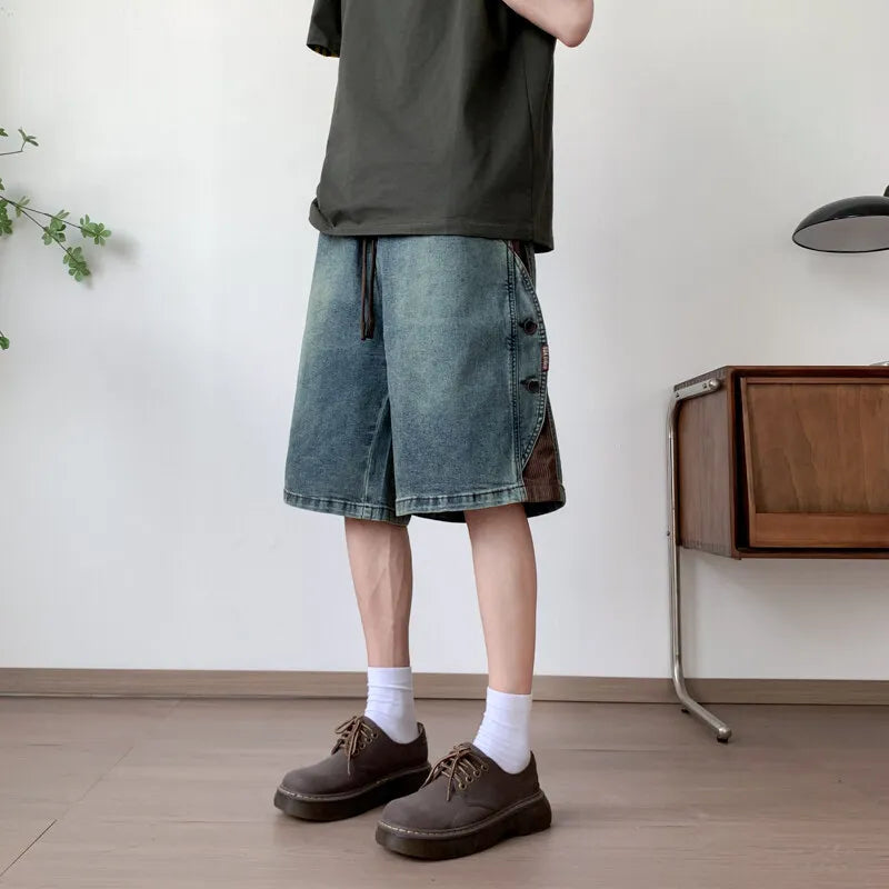 Mens Loose Fit Summer Denim Shorts Elastic Waist Washed Blue Side Personality Design Casual Comfortable Fashion Trendy Outdoor