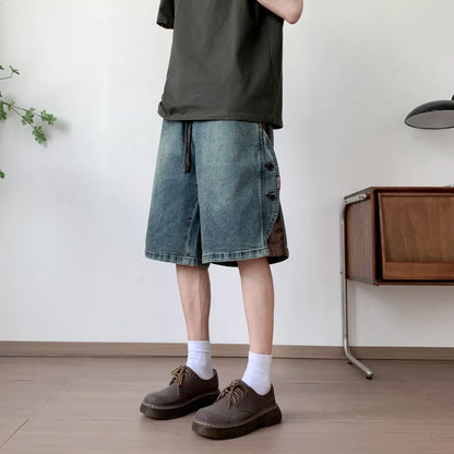 Mens Loose Fit Summer Denim Shorts Elastic Waist Washed Blue Side Personality Design Casual Comfortable Fashion Trendy Outdoor