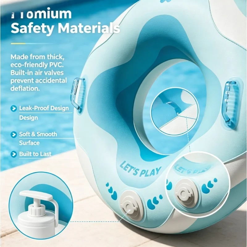 No Mouth Blowing Swimming Tube with Integrated Pump - Press to Inflate in Seconds! 2 Colors (Blue/Green) for Pool, Beach & Lake