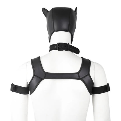 Large Size Puppy Cosplay Neoprene Fetish Hood Mask Kit with Chest Strap Collar Armband Sex Costumes for Bdsm Slave Role Play