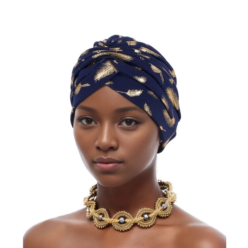 Feather Gold Stamping Fabric Turban Cap for Women African Wrap Head Bonnet Muslim Under Scarf Hat Turbante Mujer