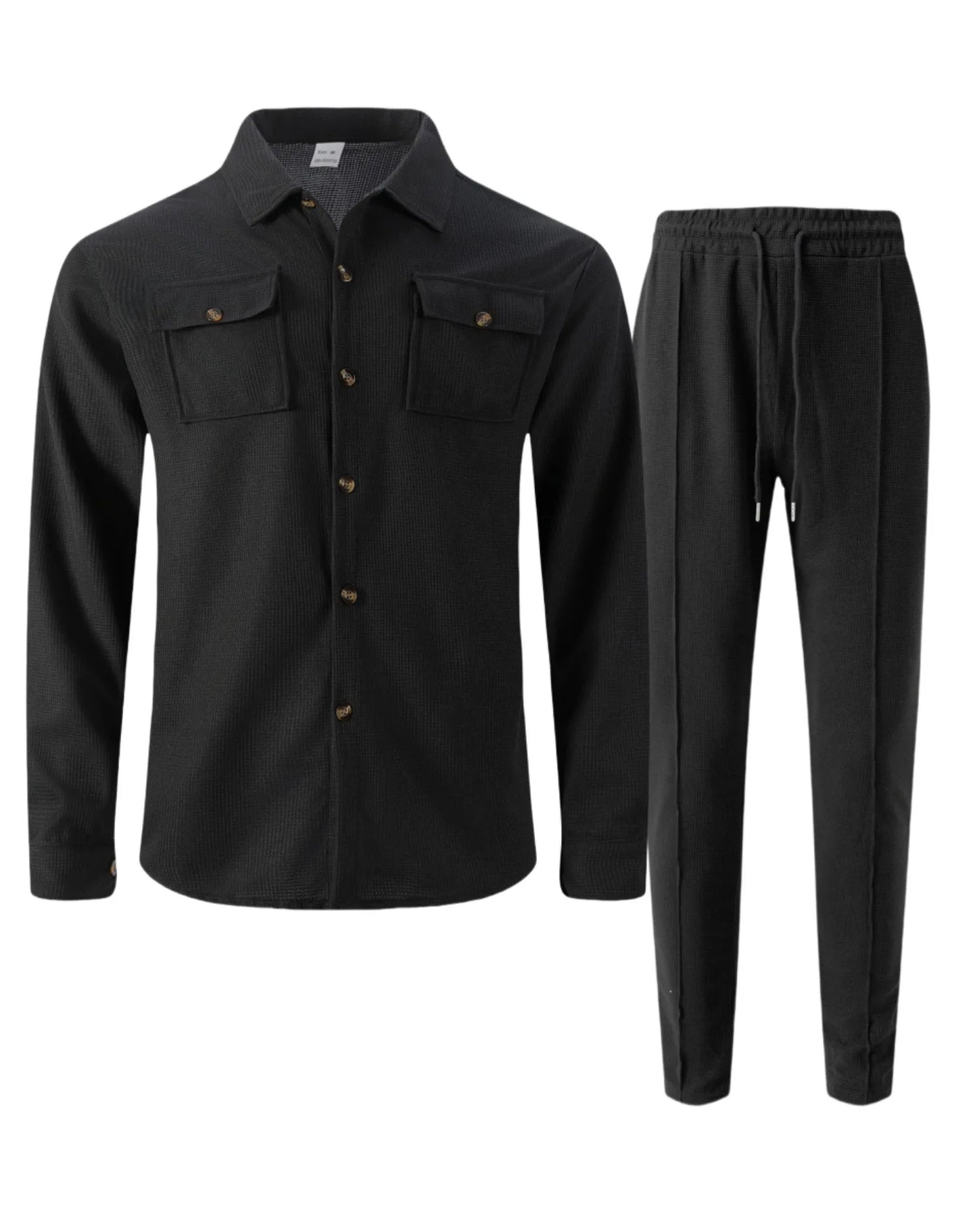 New autumn style waffle long-sleeved solid-color double-pocket buttoned cardigan shirt and pants set