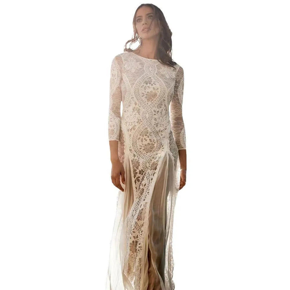 Foreign Style Evening Dress Woman's Sexy Lace Patchwork Backless Wedding Dresses Ladies Elegant Long Sleeves Party Prom Vestidos