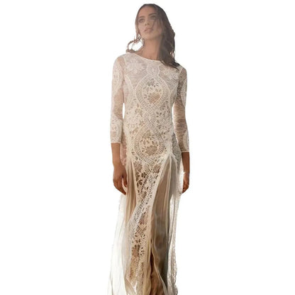 Foreign Style Evening Dress Woman's Sexy Lace Patchwork Backless Wedding Dresses Ladies Elegant Long Sleeves Party Prom Vestidos