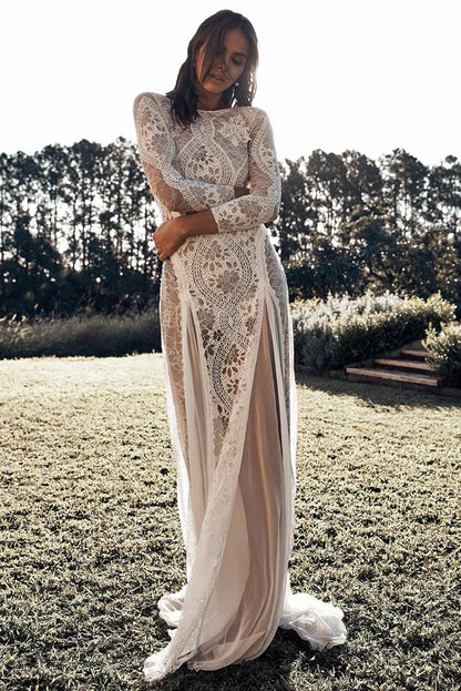Foreign Style Evening Dress Woman's Sexy Lace Patchwork Backless Wedding Dresses Ladies Elegant Long Sleeves Party Prom Vestidos