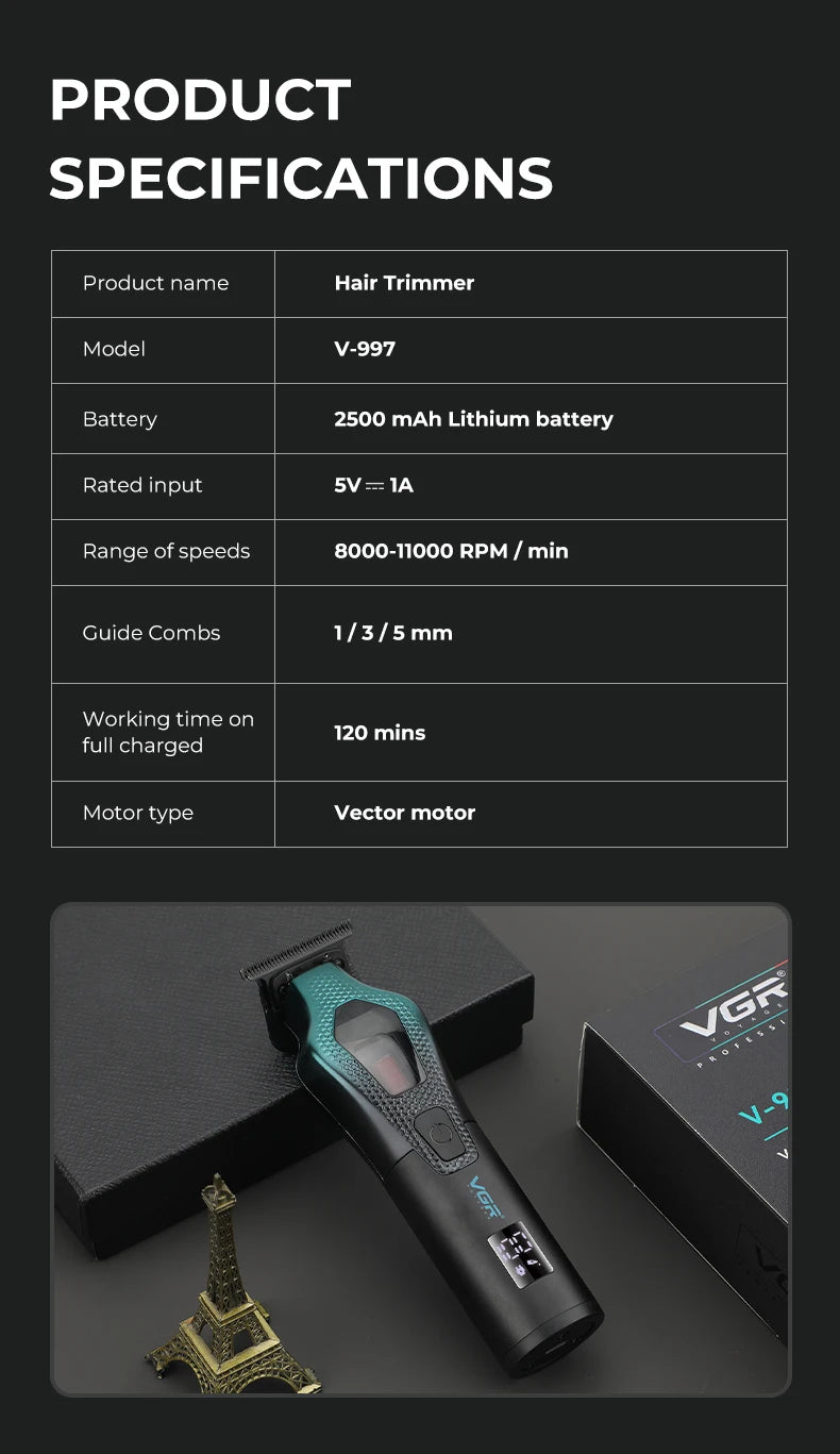 VGR electric hair clipper men's oil head carving electric push gradually changing color metal body 11000 RPM hair clipper V-997