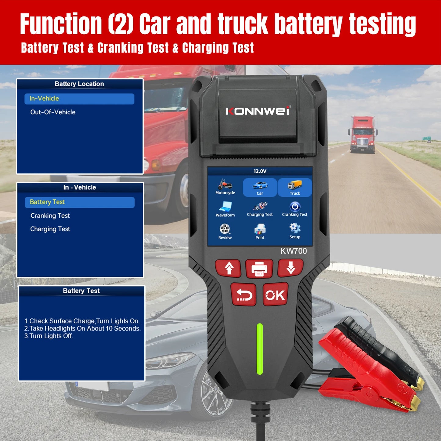 KONNWEI KW700 12/24V Car Truck Battery Tester 10-2000CCA With Printer Cranking Charging Test Tool Battery Analyzer Cranking Test
