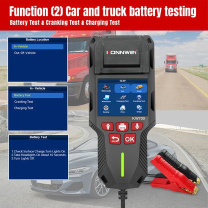 KONNWEI KW700 12/24V Car Truck Battery Tester 10-2000CCA With Printer Cranking Charging Test Tool Battery Analyzer Cranking Test