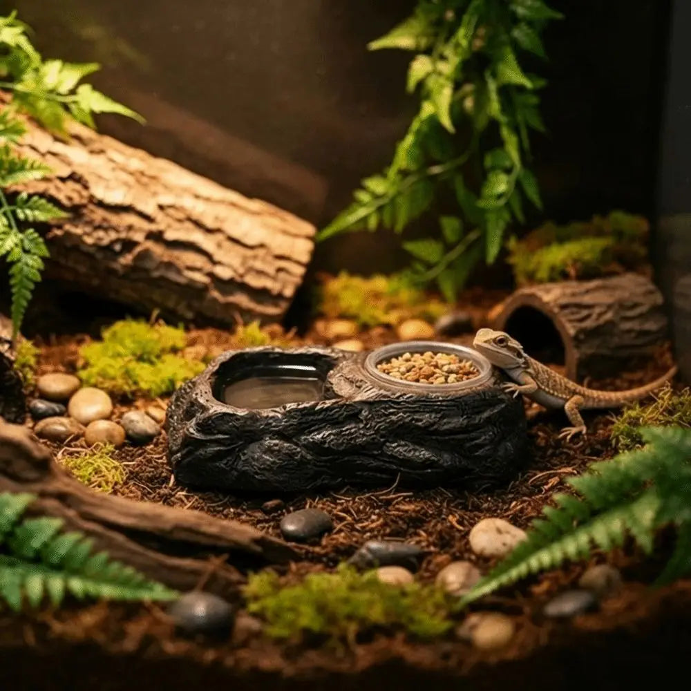 Imitation Stone Resin Rock Feeder Dish Wear Resistant Anti-knock Pet Feeder Ledge with Bowls Wide Mouth Reptile Food Bowl