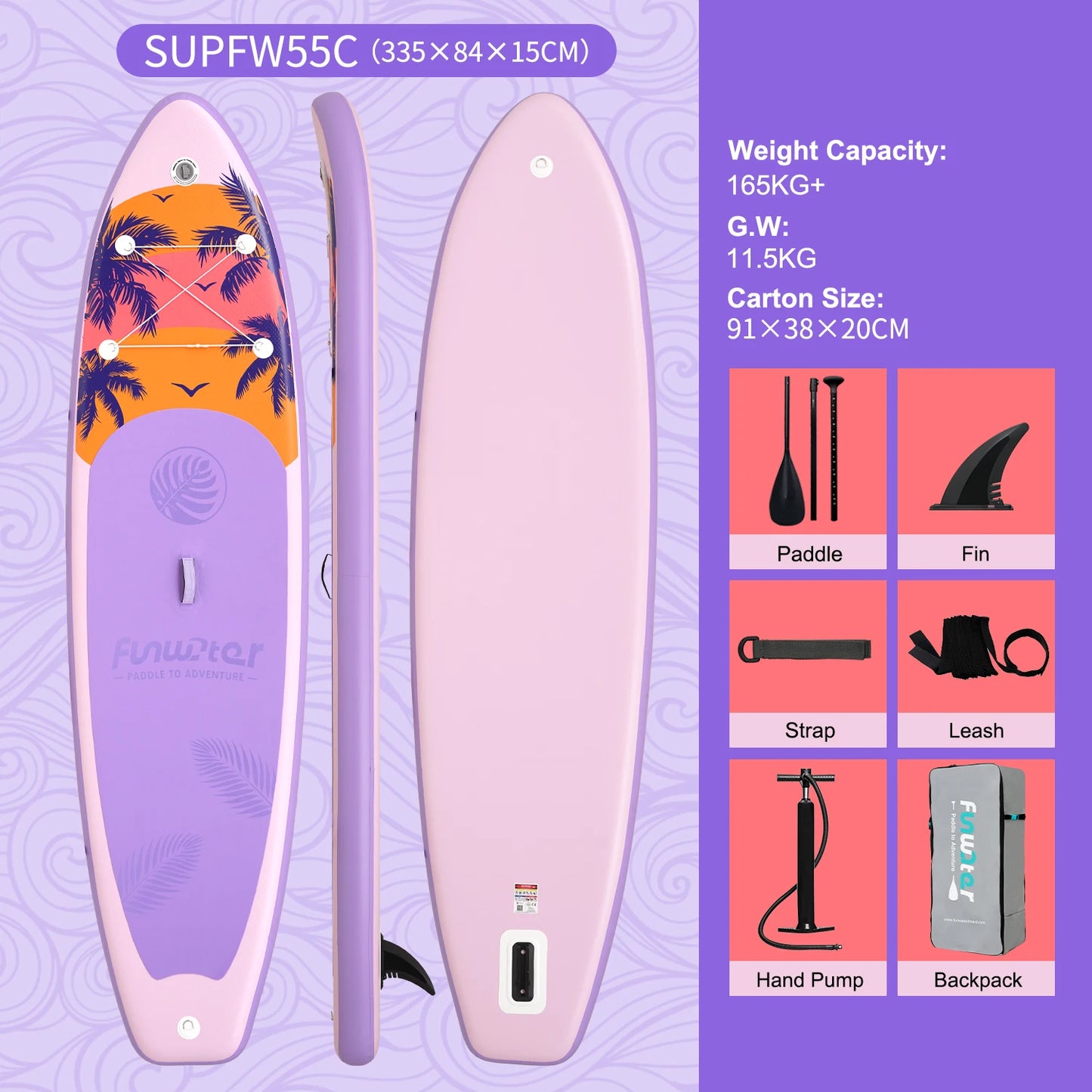 FunWater Stand Up Paddle Board 335*83*15CM Inflatable Paddling Board Surfboard Non-Slip Water Sport Paddle Board with Accessory
