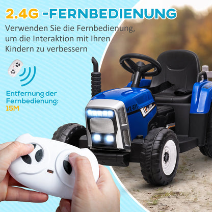 Children's Electric Car with Trailer, Remote Control, Child Control or Remote Control, Headlight, 3-6 Km/H, Size 136.5X50X52.5Cm, Load Capacity 30 Kg, Blue