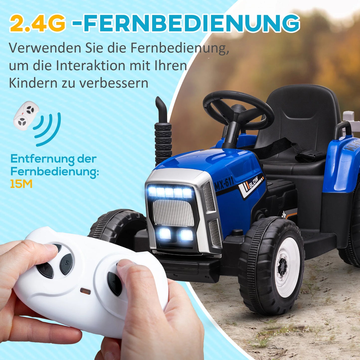 Children's Electric Car with Trailer, Remote Control, Child Control or Remote Control, Headlight, 3-6 Km/H, Size 136.5X50X52.5Cm, Load Capacity 30 Kg, Blue