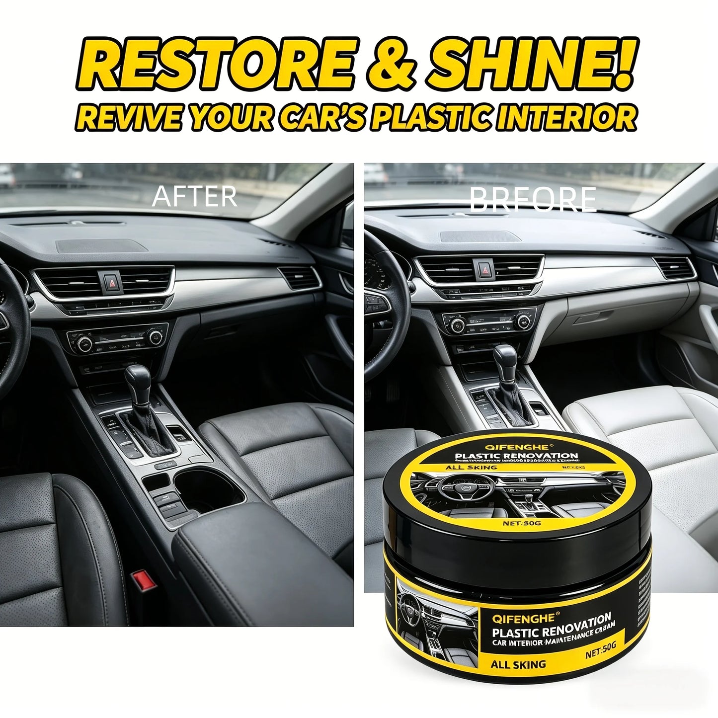 QIFENGHE Plastic Renovation Cream - Car Interior Plastic & Trim Restorer, Revives Faded Black Dashboard & Door Panels, Long-Last