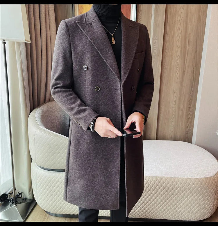 Autumn Winter Vintage Men's Woolen Long Coat Fashion Lapel High Quality Double Breasted Formal Men Slim Fit WindBreaker Overcoat